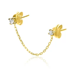 35mm ZINZI Gold 14 krt gouden dubbele oorstekers met verbonden ketting en witte zirkonia. Maar voor één oor. ZGO547