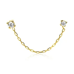35mm ZINZI Gold 14 krt gouden dubbele oorstekers met verbonden ketting en witte zirkonia. Maar voor één oor. ZGO547