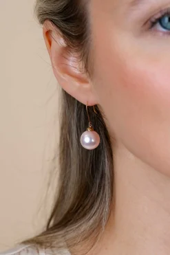 30mm ZINZI Gold 14 krt gouden oorhangers met ronde roze Swarovski crystal parel 12mm ZGO25R