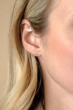 11mm ZINZI Gold 14 krt gouden oorknoppen in kwart cirkel, bezet met zeven witte zirkonia's ZGO517