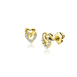 6mm ZINZI Gold 14 krt gouden oorstekers verbonden open hartjes, glad en bezet met witte zirconia's ZGO472