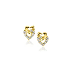 6mm ZINZI Gold 14 krt gouden oorstekers verbonden open hartjes, glad en bezet met witte zirconia's ZGO472