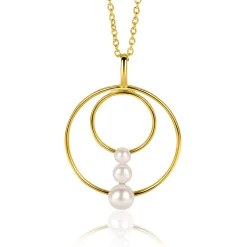 34mm ZINZI gold plated zilveren ronde fantasie hanger bezet met drie ronde witte zoetwaterparels ZIH2616 (zonder collier)