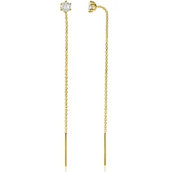 80mm ZINZI gold plated zilveren doortrek oorbellen met chatonzetting 5mm witte zirconia en sierlijk kettinkje ZIO2576Y