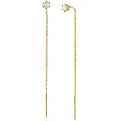 80mm ZINZI gold plated zilveren doortrek oorbellen met chatonzetting 5mm witte zirconia en sierlijk kettinkje ZIO2576Y
