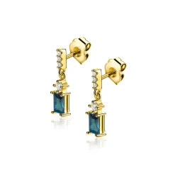 19mm ZINZI gold plated zilveren oorstekers met rechthoekige petrolblauwe kleursteen en rijzetting van witte zirkonia's ZIO2896