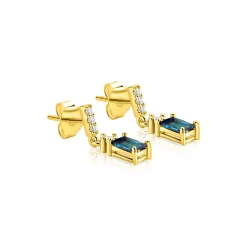 19mm ZINZI gold plated zilveren oorstekers met rechthoekige petrolblauwe kleursteen en rijzetting van witte zirkonia's ZIO2896