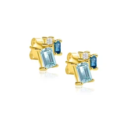 11mm ZINZI gold plated zilveren geometrische oorstekers met lichtblauwe, petrolblauwe en witte zirkonia's ZIO2897