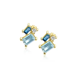11mm ZINZI gold plated zilveren geometrische oorstekers met lichtblauwe, petrolblauwe en witte zirkonia's ZIO2897