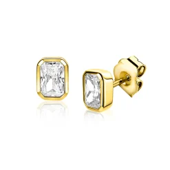 7mm ZINZI gold plated zilveren oorstekers met rechthoekige gladde kastzetting bezet met een witte zirkonia ZIO2899