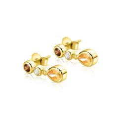 18mm ZINZI gold plated zilveren oorstekers met champagnekleurige, cognackleurige en witte zirkonia's in verschillende slijpvormen ZIO2900