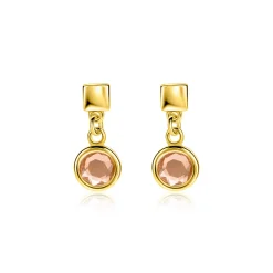 16mm ZINZI gold plated zilveren oorstekers met een vierkante gladde stud en een hangende ronde champagnekleurige zirkonia ZIO2907
