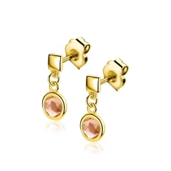 16mm ZINZI gold plated zilveren oorstekers met een vierkante gladde stud en een hangende ronde champagnekleurige zirkonia ZIO2907