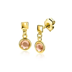 16mm ZINZI gold plated zilveren oorstekers met een vierkante gladde stud en een hangende ronde champagnekleurige zirkonia ZIO2907