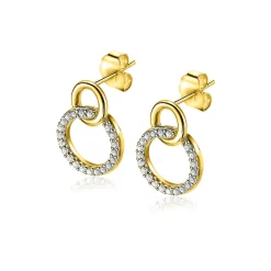 15mm ZINZI gold plated zilveren oorknoppen twee open rondjes verbonden en witte zirkonia's ZIO1782Y