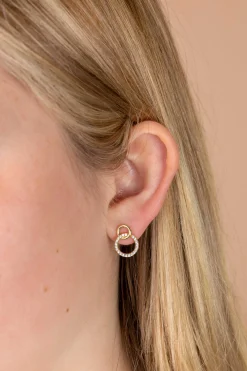 15mm ZINZI gold plated zilveren oorknoppen twee open rondjes verbonden en witte zirkonia's ZIO1782Y
