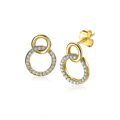 15mm ZINZI gold plated zilveren oorknoppen twee open rondjes verbonden en witte zirkonia's ZIO1782Y