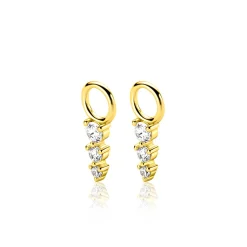 13mm ZINZI gold plated zilveren oorbedels met drie onder elkaar geplaatste witte zirkonia’s in verfijnde chatonzetting ZICH2887Y (zonder oorringen)