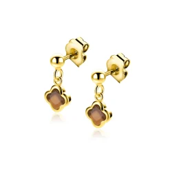 16mm ZINZI goldplated zilveren oorstekers met bruine klavers 8mm ZIO2772