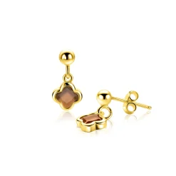16mm ZINZI goldplated zilveren oorstekers met bruine klavers 8mm ZIO2772