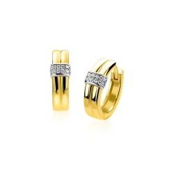 15mm ZINZI goldplated zilveren oorringen met gladde banen en schitterend pavé van zirkonia's, luxe klapsluiting ZIO2830