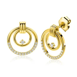 21mm ZINZI goldplated zilveren luxe oorstekers met elegante dubbele ronde ringen, speels bezet met witte zirkonia's ZIO2819