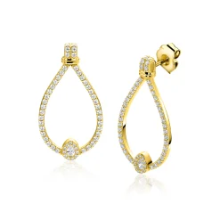 29mm ZINZI goldplated zilveren luxe oorstekers met grote sierlijke open druppelvorm, bezet met witte zirkonia’s ZIO2815