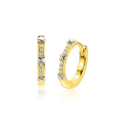 15mm ZINZI goldplated zilveren oorringen met kleine kruisjes tussen de witte zirkonia's, luxe klapsluiting ZIO2814