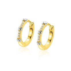 15mm ZINZI goldplated zilveren oorringen met kleine kruisjes tussen de witte zirkonia's, luxe klapsluiting ZIO2814
