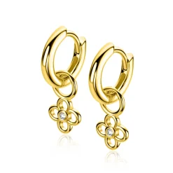 7mm ZINZI gold plated zilveren oorbedel in open klaver vier vorm, bezet met een witte zirkonia in het midden ZICH2885Y (zonder oorringen)