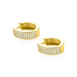 13mm ZINZI gold plated zilveren brede oorringen bezet met drie rijen schitterende witte zirkonia’s, luxe klapsluiting ZIO2862Y