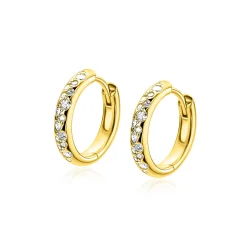 15mm ZINZI goldplated zilveren oorringen met witte zirkonia’s in speelse druppelvorm verwerkt, luxe klapsluiting ZIO2871
