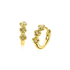 13mm ZINZI gold plated zilveren oorringen met drie roosjes, bezet met witte zirkonia’s, luxe klapsluiting ZIO2873Y