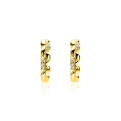 13mm ZINZI gold plated zilveren oorringen met een sierlijk golvend design, subtiel bezet met witte zirkonia’s, luxe klapsluiting ZIO2875