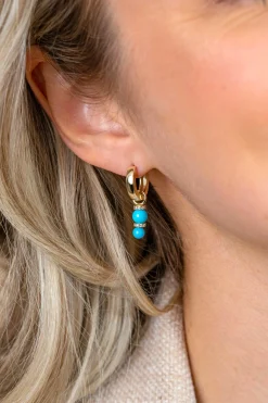 16mm ZINZI gold plated zilveren oorbedels met twee turquoise parels onder elkaar waarbij de top is bezet met witte zirconia's ZICH2864T (zonder oorringen)