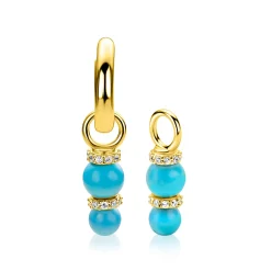 16mm ZINZI gold plated zilveren oorbedels met twee turquoise parels onder elkaar waarbij de top is bezet met witte zirconia's ZICH2864T (zonder oorringen)