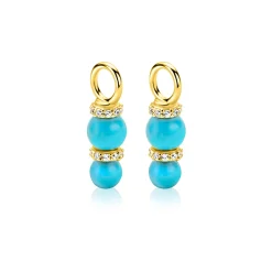 16mm ZINZI gold plated zilveren oorbedels met twee turquoise parels onder elkaar waarbij de top is bezet met witte zirconia's ZICH2864T (zonder oorringen)