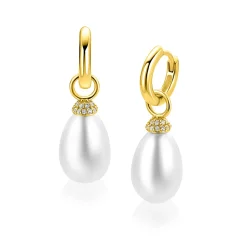 18mm ZINZI goldplated zilveren oorbedels met ovaalvormige witte parel en pavé gezette top met witte zirkonia’s ZICH2822Y (zonder oorringen)