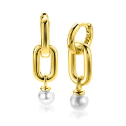 23mm ZINZI goldplated zilveren oorbedels met een langwerpige stoere schakel en witte parel ZICH2821G (zonder oorringen)
