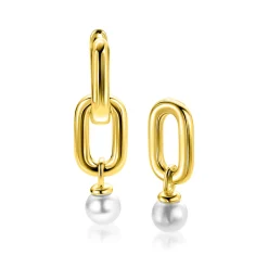 23mm ZINZI goldplated zilveren oorbedels met een langwerpige stoere schakel en witte parel ZICH2821G (zonder oorringen)