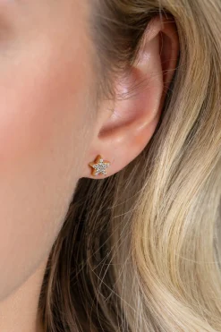 7mm ZINZI goldplated zilveren oorknopjes in ster- en maansymbool, bezet met fonkelende witte zirkonia’s ZIO2827