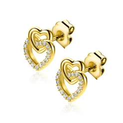 10mm ZINZI gold plated zilveren oorknoppen 2 open hartjes met elkaar verbonden, waarvan 1 hartje bezet met witte zirconia's ZIO2493Y