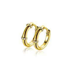 15mm ZINZI gold plated zilveren oorringen met bamboo uitstraling, bezet met witte zirkonia's en luxe klapsluiting ZIO2687Y