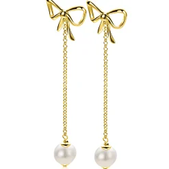 60mm ZINZI gold plated zilveren strik oorstekers met jasseron kettinkje en zoetwaterparel ZIO2677