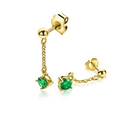 26mm ZINZI gold plated zilveren oorstekers met kettinkje en een bungelende ronde groene kleursteen ZIO2660G