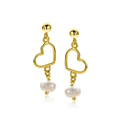 30mm ZINZI gold plated zilveren oorstekers met open hartje en bungelend witte zoetwaterparel ZIO2642