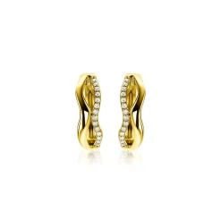 15mm ZINZI gold plated zilveren oorringen organisch gevormd met twee golvende banen, waarvan één bezet met witte zirconia's, met luxe klapsluiting ZIO2629Y