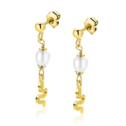 35mm ZINZI gold plated zilveren oorstekers met slang en witte zoetwaterparel ZIO2761