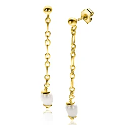 40mm ZINZI gold plated zilveren oorstekers met lang schakelkettinkje, inclusief witte zoetwaterparel ZIO2588