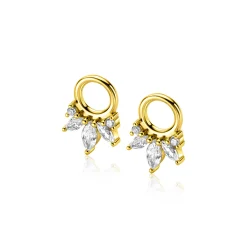 10mm ZINZI gold plated zilveren oorbedels met vijf speelse zettingen in aflopende grootte, bezet met witte zirconia's ZICH2633 (zonder oorringen)